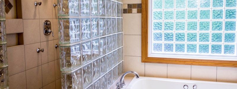 Bathroom with glass block window and glass block window wallafter replacement